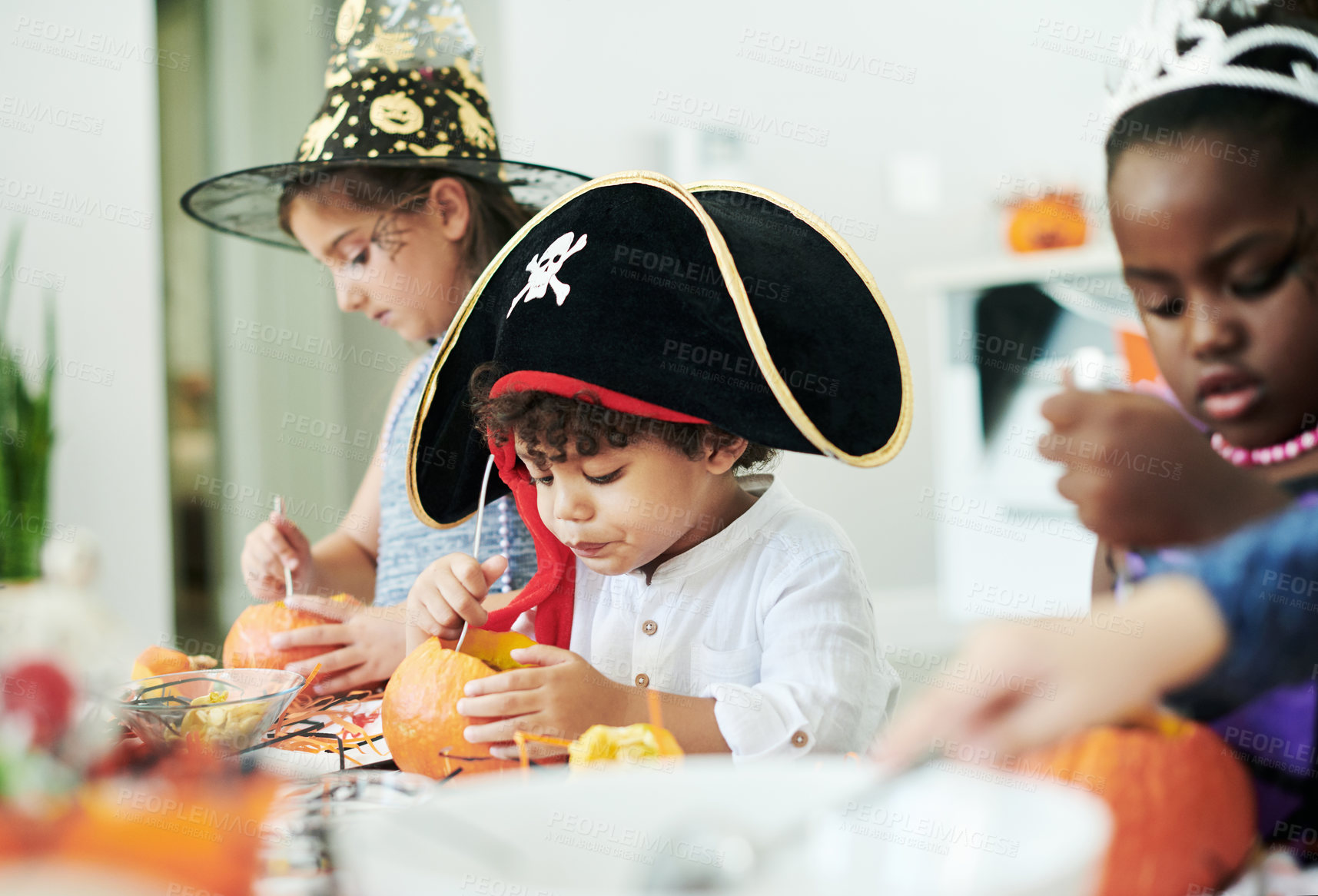 Buy stock photo Group, children and pirate costume for halloween, birthday or party at event as kids to celebrate. Youth, creative and pumpkins for decor, fantasy and holiday tradition in America for playing in home