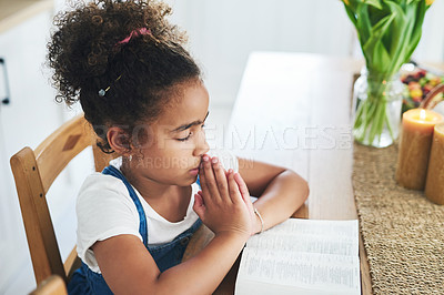 Buy stock photo Shot of a young girl praying at home