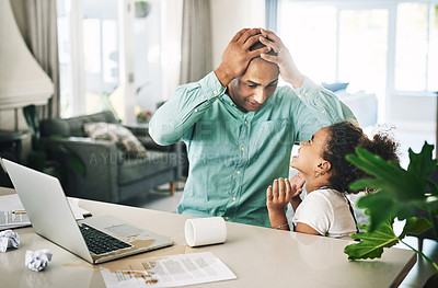 Buy stock photo Shot of a young businessman and a child looking shocked at home