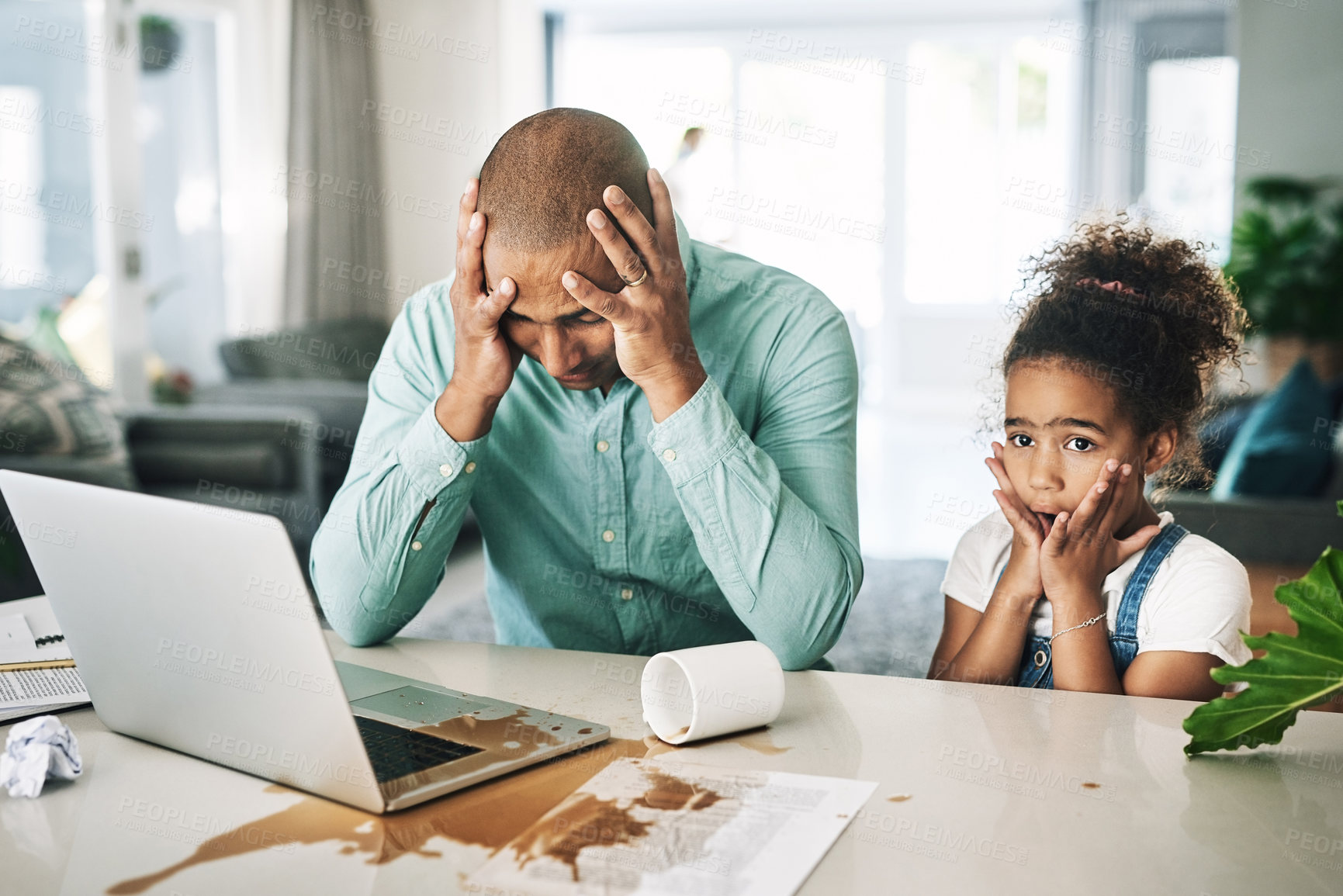 Buy stock photo Shot of a young businessman and a child looking shocked at home