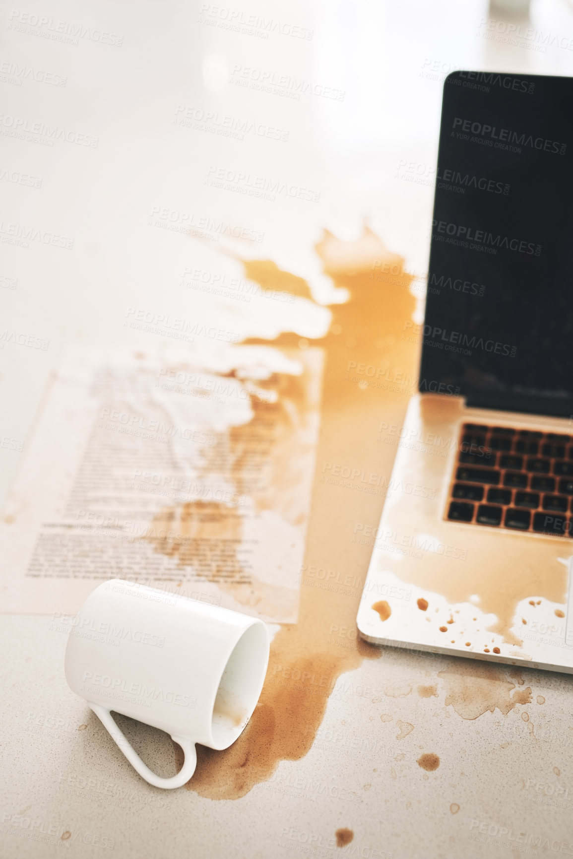 Buy stock photo Laptop, coffee and spill with mistake, disaster and office accident with document. Keyboard splash, chaos and computer crisis with tech, mess and clumsy fail with liquid trouble and damage paperwork