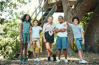 Buy stock photo Shot of a group of teenagers standing next to a tree at summer camp