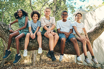 Buy stock photo Shot of a group of teenagers sitting on a tree trunk at summer camp