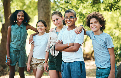 Buy stock photo Shot of a group of teenagers having fun at summer camp