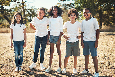 Buy stock photo Shot of a group of teenagers having fun at summer camp