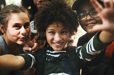 Buy stock photo Shot of a group of teenagers taking a selfie at summer camp