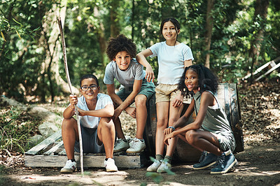 Buy stock photo Shot of a group of teenagers having fun in nature at summer camp