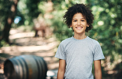 Buy stock photo Portrait of a confident teenage boy having fun at summer camp