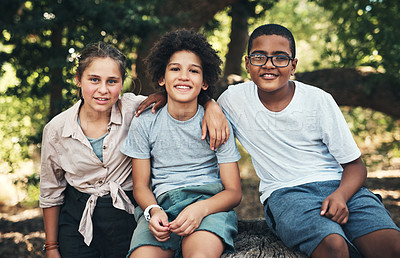 Buy stock photo Shot of a group of teenagers sitting on a tree trunk at summer camp