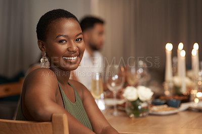 Buy stock photo Friends, portrait and woman at dinner celebration party for friendship reunion, home luxury fine dining or special holiday event. Food buffet, candle and elegant African girl celebrate happy new year