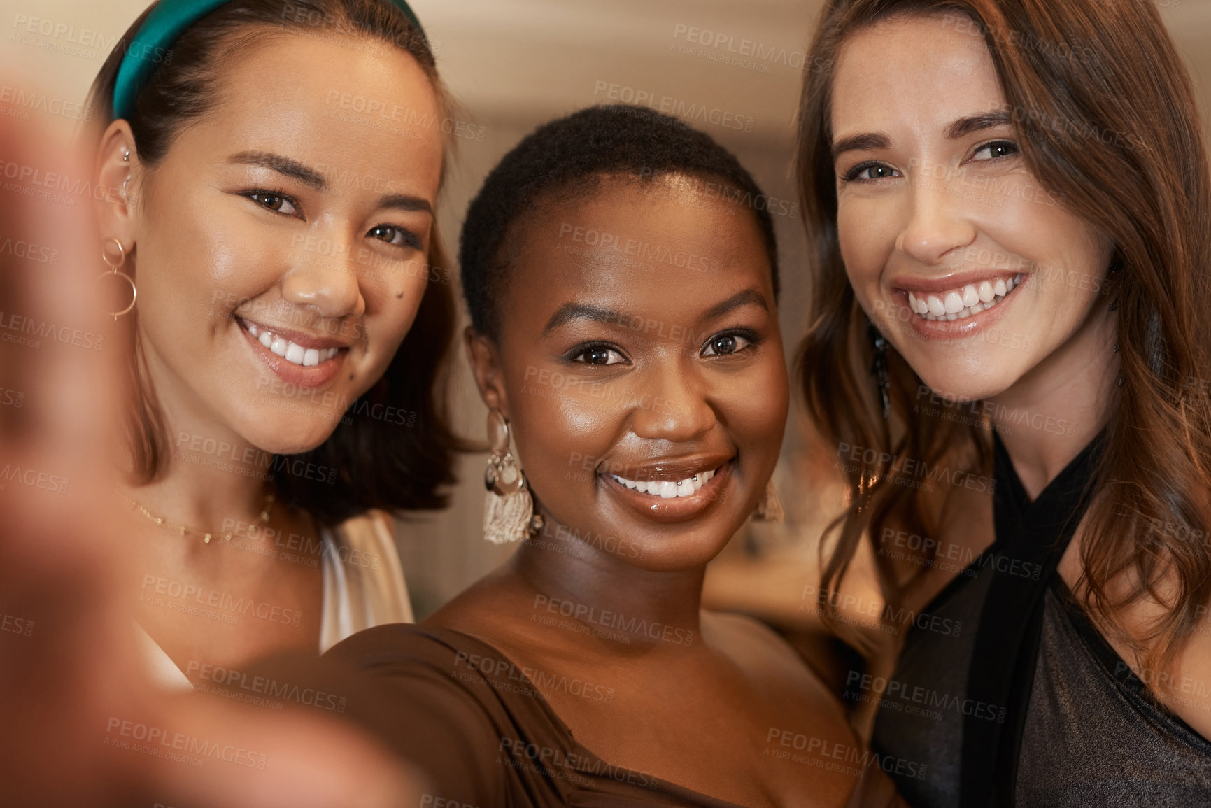 Buy stock photo Portrait, women or friends take a selfie at a party in celebration of New Years or social event on holiday vacation. Smile, faces or black woman taking pictures with happy people for social media 