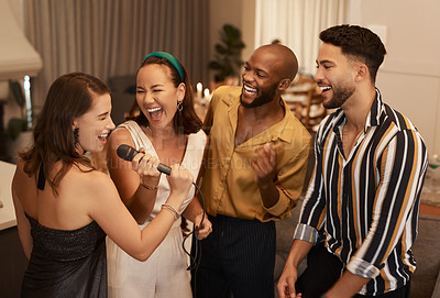 Buy stock photo Friends, karaoke party and happy celebration together, dancing and fun reunion in restaurant lounge. Dance, singing happiness and group of people celebrate birthday event, new year or social comedy