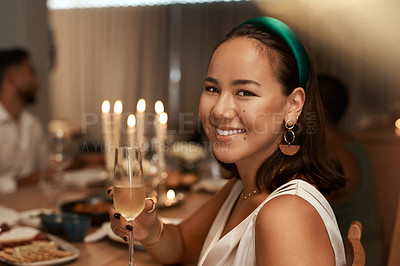 Buy stock photo Woman, champagne and party portrait with dinner to celebrate new year, friends get together and social event with alcohol and food. Smile, drink glass with holiday celebration and dinner party fun.