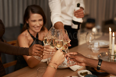 Buy stock photo Party, group of friends and celebration with champagne, New Year's and cheerful together. Young people, toast and glasses to relax, dinner and happiness at event, smile and alcohol for fun and happy.