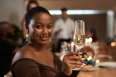 Buy stock photo Portrait, drink and woman at a dinner party celebrating with friends over a delicious meal. Alcohol, champagne and face of a black woman toast at a friendship dinner with a glass to celebrate 