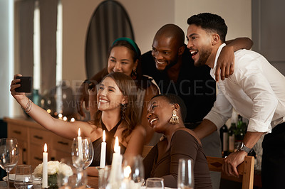 Buy stock photo Friends at party, selfie and dinner with phone for photograph, smile and happy together for new year celebration. Dinner party, celebrate holiday and smile for picture with smartphone at social event