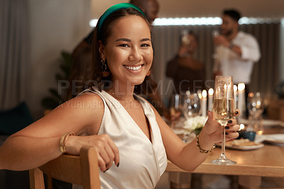 Buy stock photo Restaurant, celebration and portrait of woman with champagne on birthday, new years and party. Dinner party, social event and happy girl with friends on holiday, vacation and Christmas party