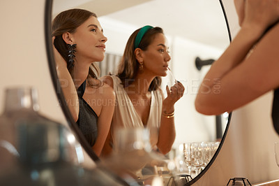Buy stock photo Makeup, beauty and women in the mirror to prepare for a party, celebration or event in a house. New years, happy and friends with a reflection for cosmetics, celebrate night and ready together