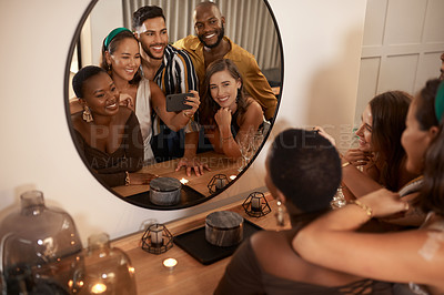 Buy stock photo Party, celebration and friends taking a picture with phone at festive gathering at house. Diversity, celebrate and happy people taking photo in mirror with cellphone to at new year or christmas event