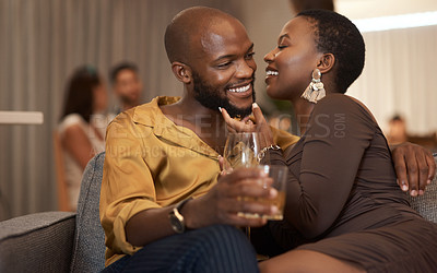 Buy stock photo Love, event or couple of friends at a party in celebration of new years drinking wine or whiskey on holiday. Romance, black woman and black man talking, embrace or bonding on a relaxing romantic date