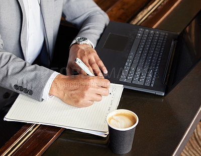 Buy stock photo Business man, hands and writing at coffee shop with entrepreneur notes and journal. Schedule planning, morning and list of a freelance employee with a pen working on creative work ideas at cafe