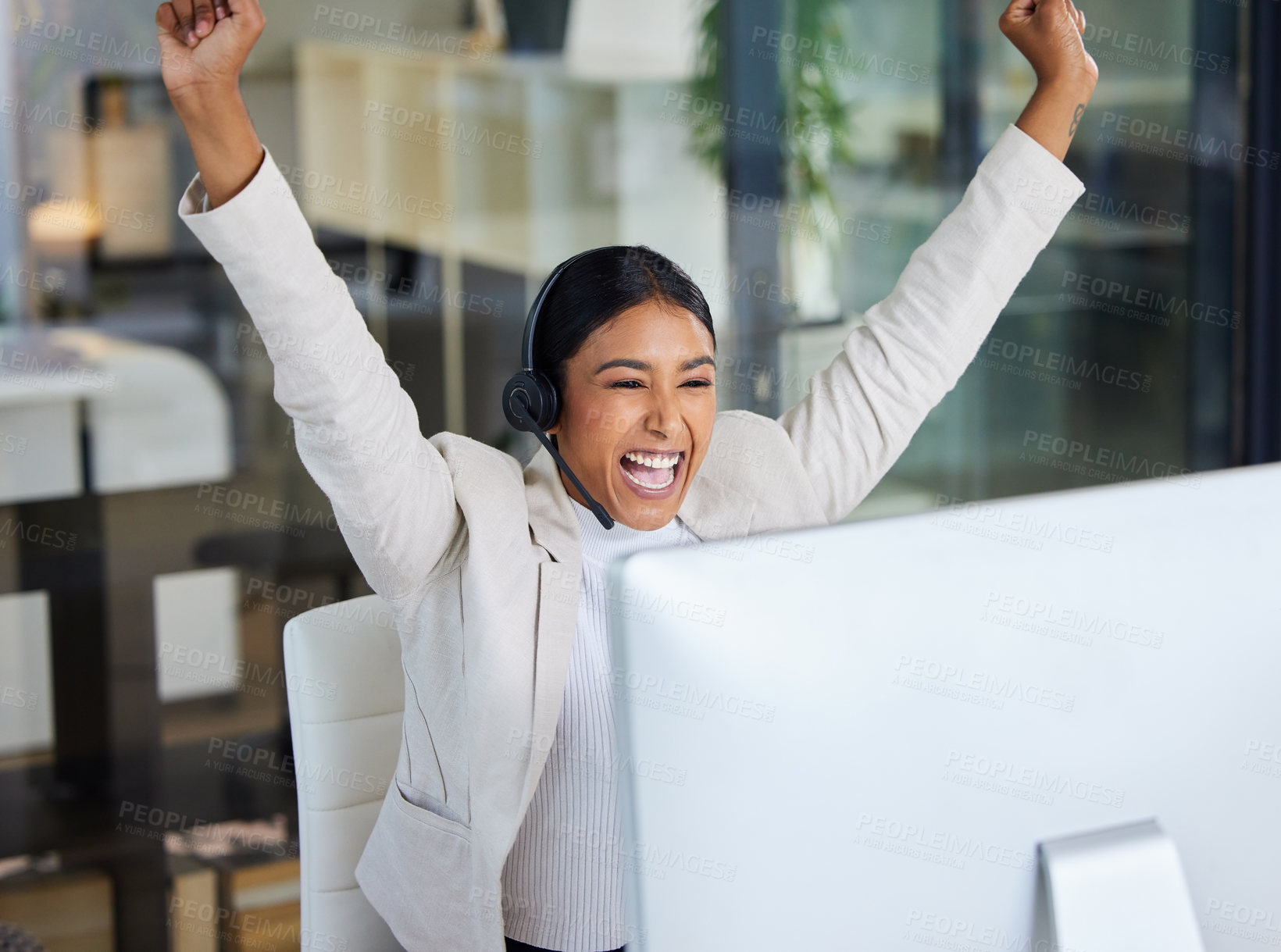 Buy stock photo Success, celebration and happy woman at computer in callcenter with good news email or project report. Achievement, winning and excited telemarketing agent in office with bonus feedback and happiness