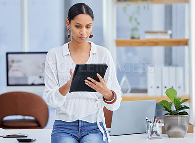 Buy stock photo Business, woman and tablet in office for internet search, information and networking. Female person, entrepreneur and online research for creative ideas, plan and communication as graphic designer