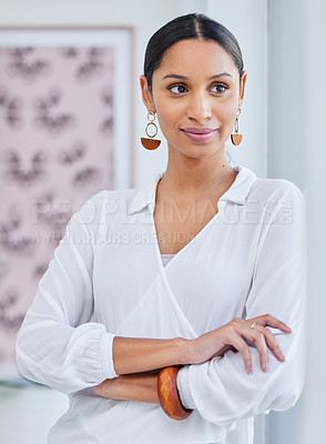 Buy stock photo Woman, office and thinking with arms crossed for vision in business with motivation for working in fashion. Designer, agency and work with confidence for professional in Paris with pride in company