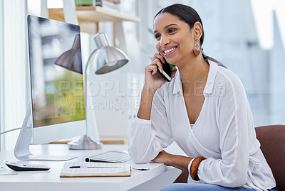 Buy stock photo Business woman, company phone call and smile in a office with communication at a desk. Content manager, web worker and female person with tech and connectivity for internet strategy conversation