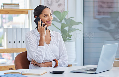 Buy stock photo Business woman, company call and smile in a office with communication at a desk. Content manager, web worker and female person with a phone and connectivity for internet strategy conversation