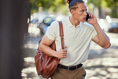 Buy stock photo Man, phone call and city travel or walking chat or location directions, conversation or backpack. Male person, cellphone and outdoor on college campus for student scholarship, network or downtown