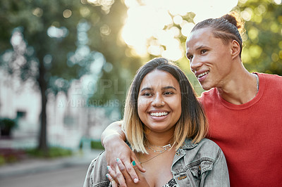 Buy stock photo Happy couple, smile and walking in city for travel exploring on summer trip in Mexico, adventure or bonding. Man, woman and holding hands in outdoor park for anniversary fun, weekend or connection