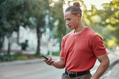 Buy stock photo Man, cellphone and city travel or location on digital app or directions, navigation or explore. Male person, smartphone and connect in garden park on New York trip or urban journey, map or online