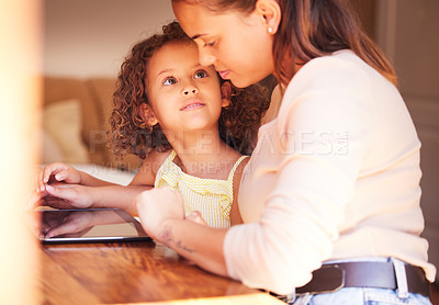 Buy stock photo Mother, child and tablet in home for virtual games, live streaming or video entertainment for online fun. Woman, girl and technology for digital education, web learning or development for kid indoor 