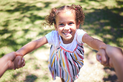 Buy stock photo Girl child, spin and pov in park for game, play and family bonding in outdoor for fun on weekend in summer. Happy kid, smile and portrait in garden sunshine for love, care and support with parent