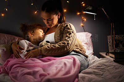 Buy stock photo Mother, child and hug in bed at night, comfort and relax with sleeping, bonding and love at family home. Calm, peace and woman and daughter together with trust, safety and security in childhood