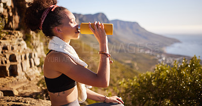 Buy stock photo Relax, drink or young woman on mountain after workout, training or exercise for wellness, peace or health. Yoga, zen or gen z girl by nature, environment or outdoor for fitness, energy or freedom