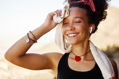 Buy stock photo Smile, sweat and black woman on street after workout, training and exercise for wellness, peace or health outdoor. Music, radio and gen z girl walking by nature, environment and park with happiness