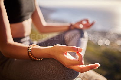 Buy stock photo Mountain, peace and hand of woman with meditation for spiritual healing, awareness and faith. Zen female person, calm and relax in nature with lotus pose for chakra exercise, balance and mindfulness