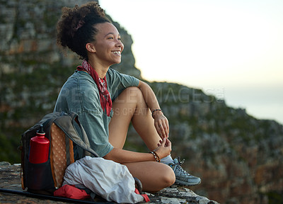 Buy stock photo Woman, hiking and mountain top for happiness and wellness and adventure in south africa. Female hiker, smile and cliff for scenery in outdoor in the morning with motivation for exercise in nature.