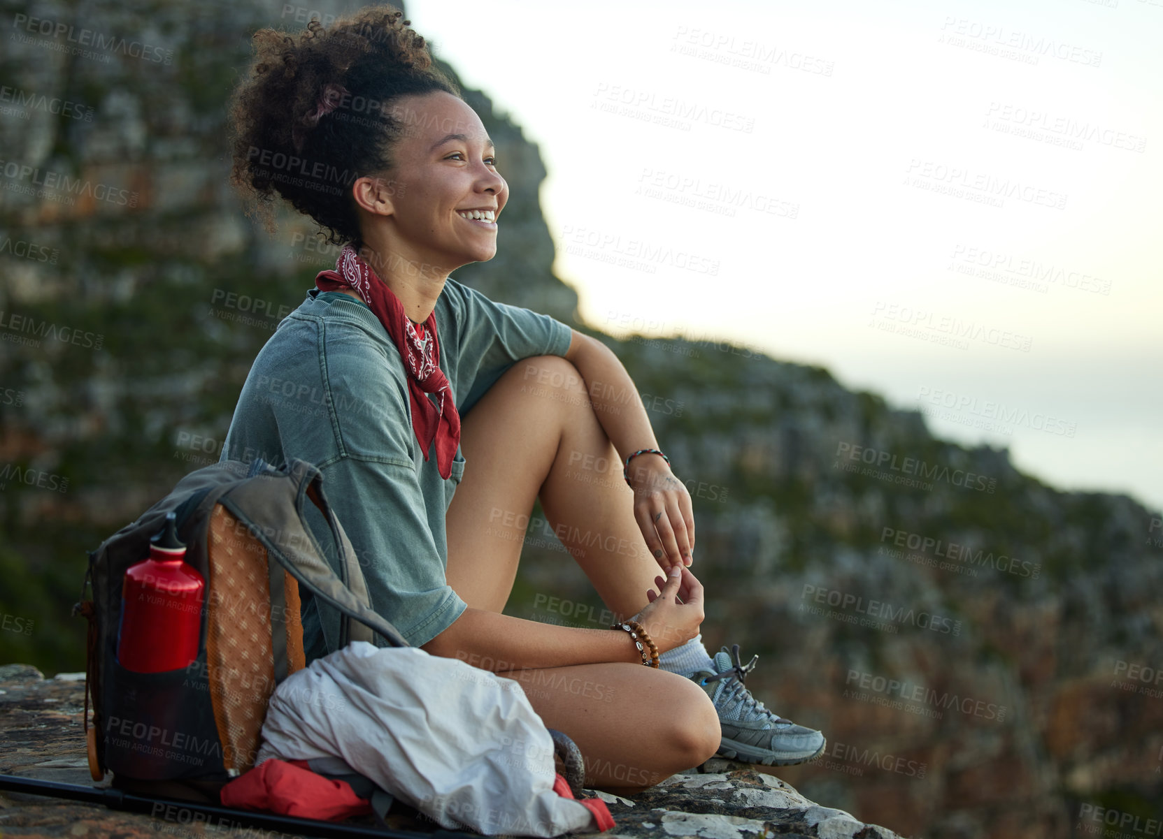 Buy stock photo Woman, hiking and mountain top for happiness and wellness and adventure in south africa. Female hiker, smile and cliff for scenery in outdoor in the morning with motivation for exercise in nature.