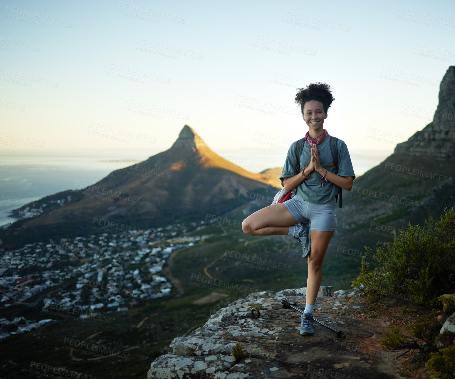 Buy stock photo Woman, portrait and tree pose on mountain for yoga or hiking exercise for zen, peace or morning. Female person, hands and balance on cliff for mindfulness workout with fitness, health or adventure