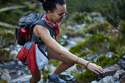 Buy stock photo Adventure, exercise and hiking with woman in mountains for active hobby, health or morning recreation. Fitness, glasses and mountain climbing with person outdoor in nature for challenge or training