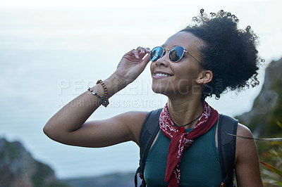 Buy stock photo Sunglasses, hiking and woman with adventure, nature and journey with vacation and fitness with cardio. Person, hiker and girl with funky eyewear, outdoor and summer with holiday, view and wellness