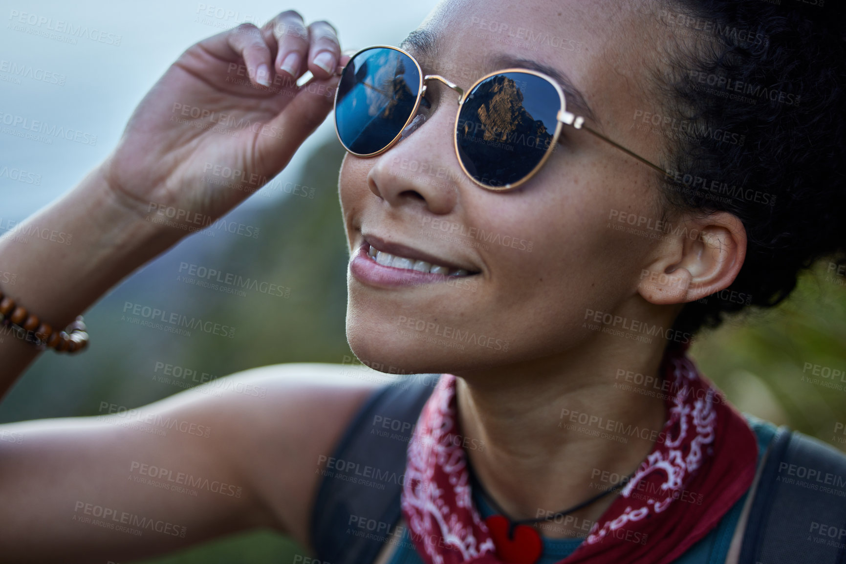 Buy stock photo Travel, happy woman and sunglasses in nature for hiking in morning, adventure or explore outdoor. Smile, hiker and female person with eyewear for health, wellness lifestyle or summer fresh air