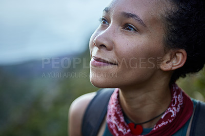 Buy stock photo View, hiking and woman with journey, nature and mountain with wellness and environment with fitness. Happy person, hiker and girl with workout, travel and adventure with freedom, mountains and cardio