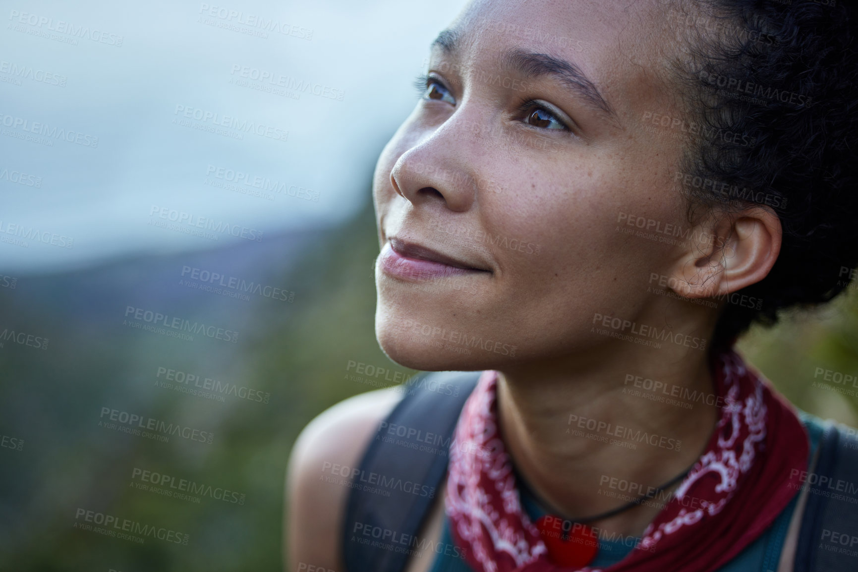 Buy stock photo View, hiking and woman with journey, nature and mountain with wellness and environment with fitness. Happy person, hiker and girl with workout, travel and adventure with freedom, mountains and cardio