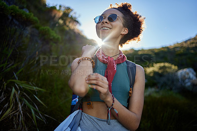 Buy stock photo Travel, sunshine and woman with sunglasses in nature for hiking in morning, adventure or explore outdoor. Smile, freedom and female person with eyewear for health, wellness lifestyle or fresh air