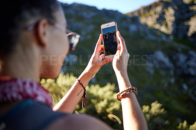 Buy stock photo Hiking, hands and phone screen for mountain photography, nature or environment outdoor in Sweden. Mobile, display and person take picture in forest for adventure, holiday or travel on summer vacation