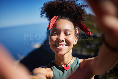 Buy stock photo Mountain, travel and woman with smile in selfie for vacation memory, adventure or hiking update. Content creator, influencer and happy with picture in nature for tourism, post or social media in Peru